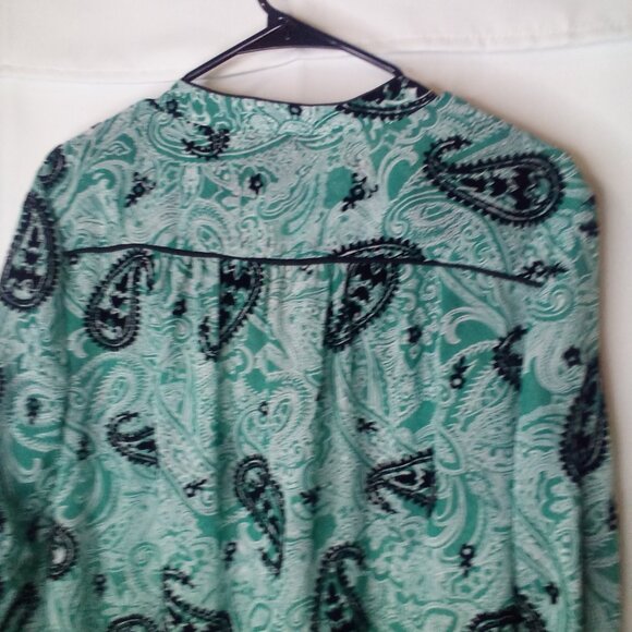 Bon Worth Blouse L Long Sleeve Button Up Simi Sheer Velvet Detail Green Black - Picture 12 of 14